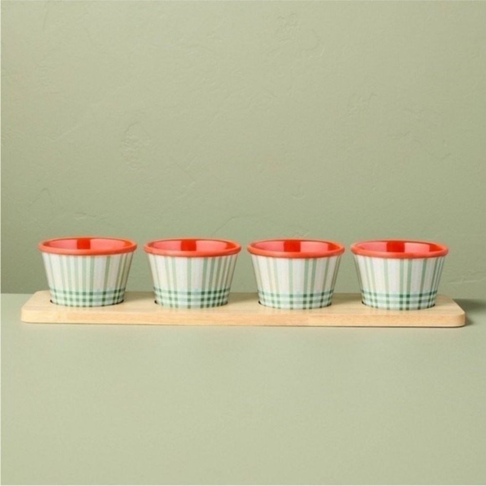 Hearth & Hand Summer Plaid 4 Melamine Mini Bowl & Bamboo Wood Tray Serving Set
